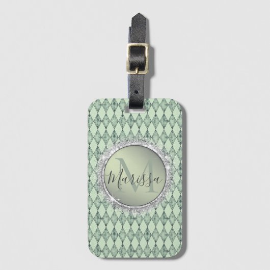 Mint Green Chic Harlequin Monogram Bagagelabel (Voorkant (verticaal))