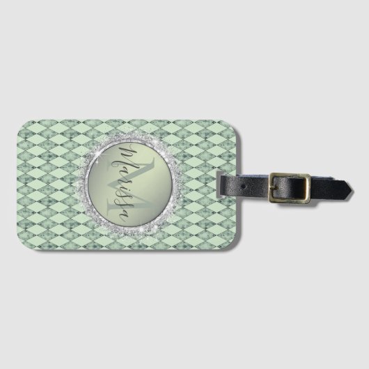 Mint Green Chic Harlequin Monogram Bagagelabel (Voorkant (horizontaal))