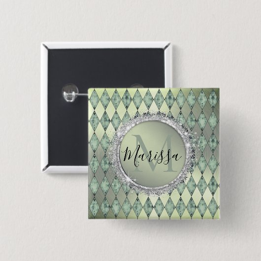 Mint Green Chic Harlequin Monogram Button (Voorkant /achterkant)