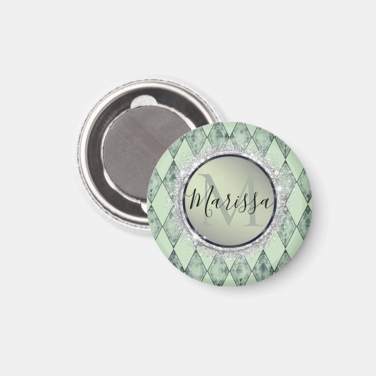 Mint Green Chic Harlequin Monogram Magneet (Voorkant / Achterkant)
