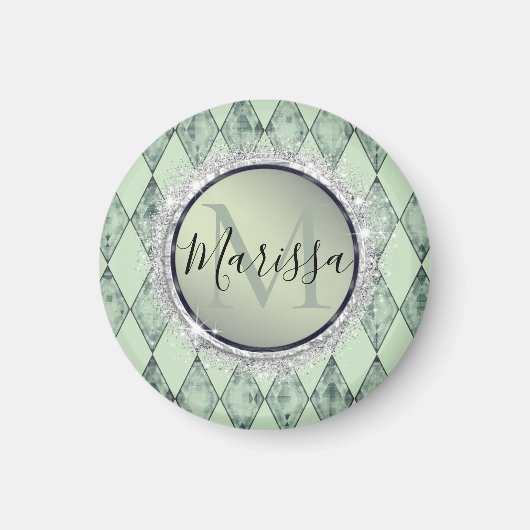 Mint Green Chic Harlequin Monogram Magneet (Voorkant)