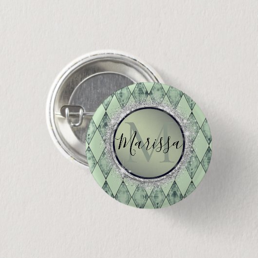 Mint Green Chic Harlequin Monogram Ronde Button 3,2 Cm (Voorkant /achterkant)