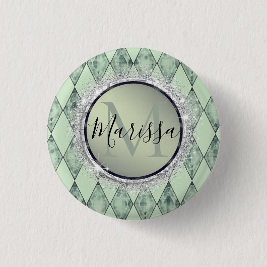 Mint Green Chic Harlequin Monogram Ronde Button 3,2 Cm (Voorkant)