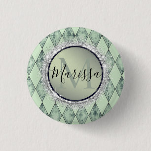 Mint Green Chic Harlequin Monogram Ronde Button 3,2 Cm