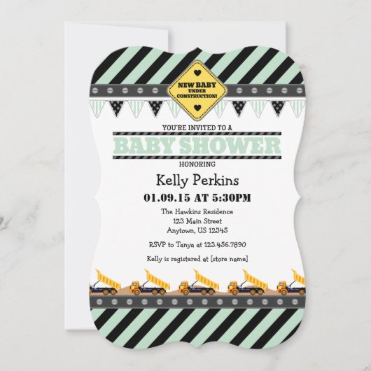 Mint Green Construction Baby shower Invitation Kaart (Voorkant)
