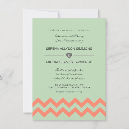Mint Green & Coral Chevron Wedding Invitation Kaart (Voorkant)