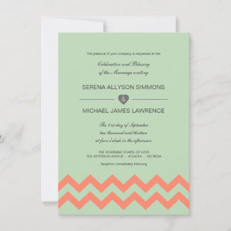 Mint Green & Coral Chevron Wedding Invitation Kaart