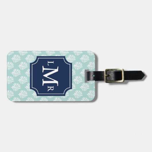 Mint Green Coral Reef en Blue Monogram Bagagelabel (Voorkant horizontaal)