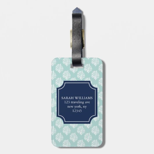 Mint Green Coral Reef en Blue Monogram Bagagelabel (Achterkant verticaal)