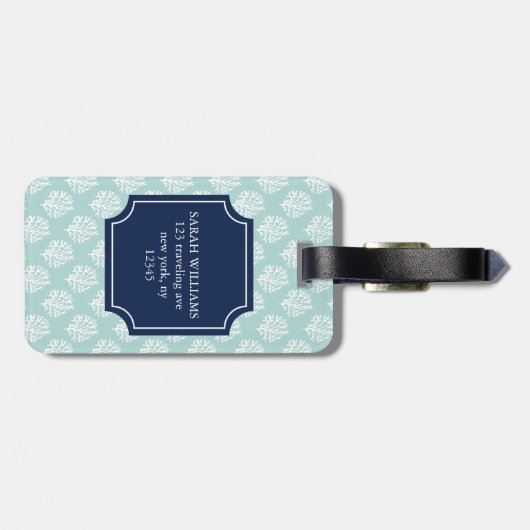 Mint Green Coral Reef en Blue Monogram Bagagelabel (Achterkant horizontaal)
