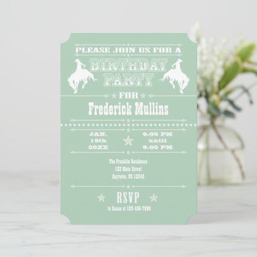 Mint Green Cowboy Rodeo Birthday Party Invitation Kaart (Staand voorkant)