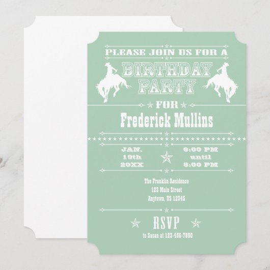 Mint Green Cowboy Rodeo Birthday Party Invitation Kaart (Voorkant / Achterkant)