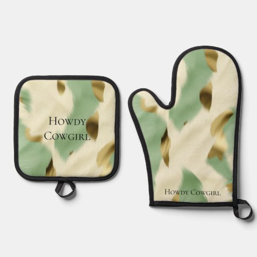 Mint Green Cream Gold Koeienhuid Ovenwant & Pannenlap Set (Voorkant)