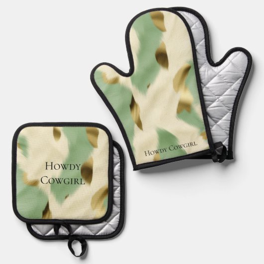 Mint Green Cream Gold Koeienhuid Ovenwant & Pannenlap Set (Voorkant / Achterkant)