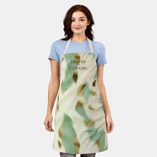 Mint Green Cream Gold Koeienhuid Schort (Gedragen)