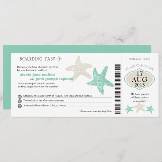 Mint Green Cream Starfish Boarding Pass Weddenscha Kaart (Voorkant / Achterkant)