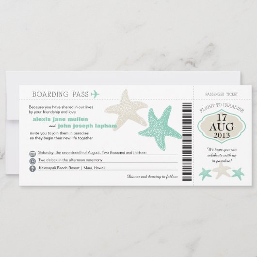 Mint Green Cream Starfish Boarding Pass Weddenscha Kaart (Voorkant)