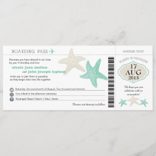 Mint Green Cream Starfish Boarding Pass Weddenscha Kaart