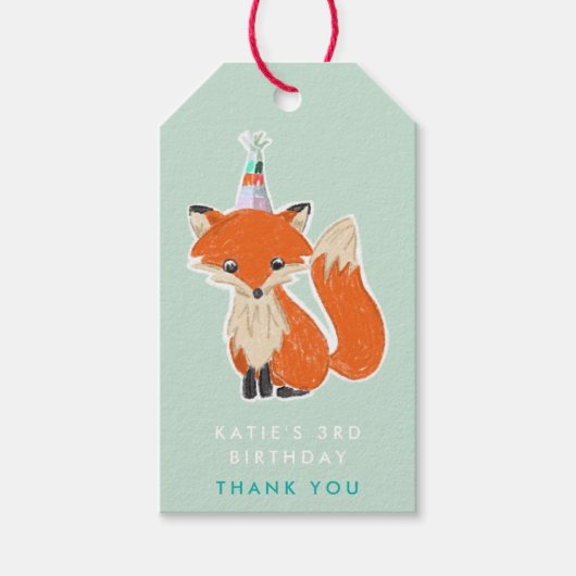 Mint Green Cute Fox Party Pet Woodland Hartelijk d Cadeaulabel (Voorkant)