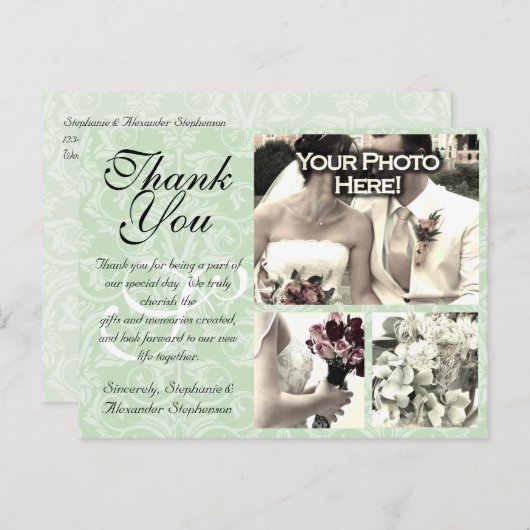 Mint Green Damask Bruiloft Dank u Kaart 3 Foto's (Voorkant / Achterkant)