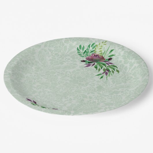 Mint Green Damask Custom Paper Borden 9" Papieren Bordje (Gekanteld)