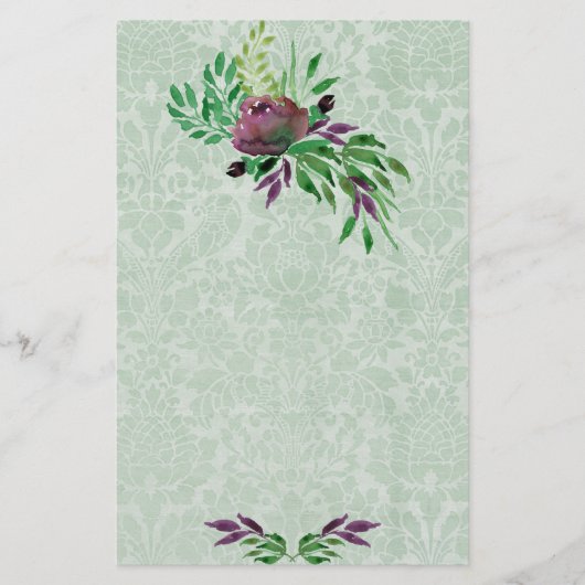 Mint Green Damask Floral 5,5 inch x 8,5 inch Stati Briefpapier (Voorkant)