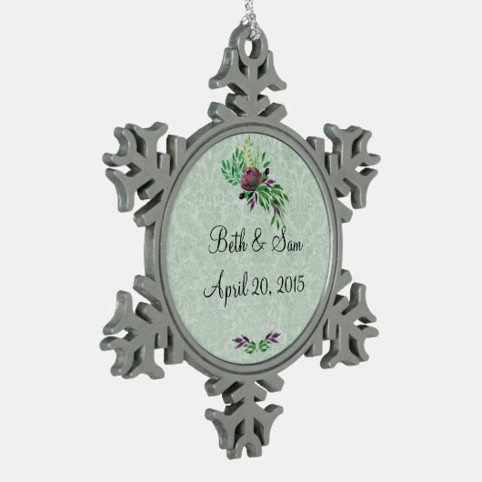 Mint Green Damask Memory Pewter Snowflake Ornament (Links)