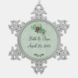 Mint Green Damask Memory Pewter Snowflake Ornament