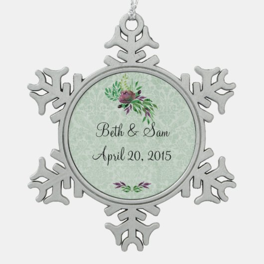 Mint Green Damask Memory Pewter Snowflake Ornament (Voorkant)