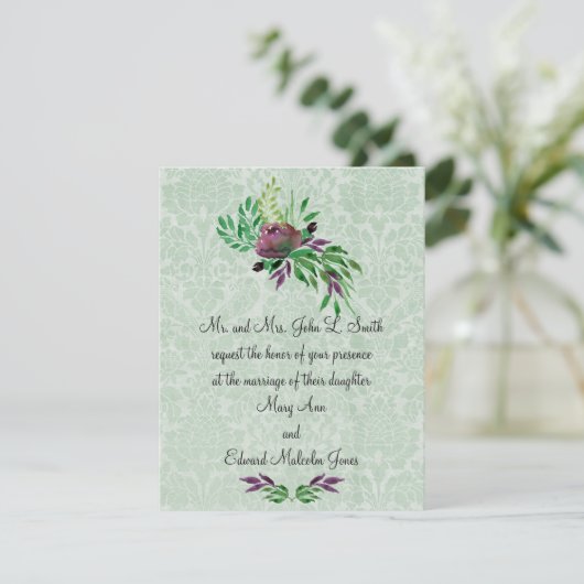 Mint Green Damask Wedding Invitation 4,25 inch x 5 Kaart (Staand voorkant)