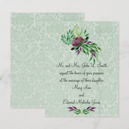 Mint Green Damask Wedding Invitation 4,25 inch x 5 Kaart (Voorkant / Achterkant)