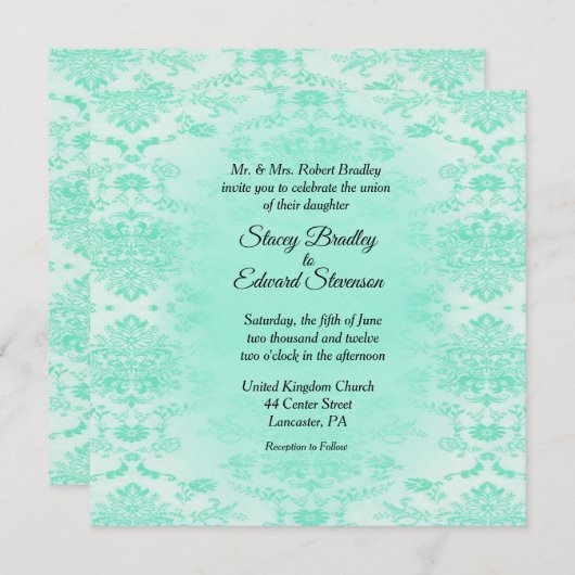 Mint Green Damask Wedding Invitation Kaart (Voorkant / Achterkant)