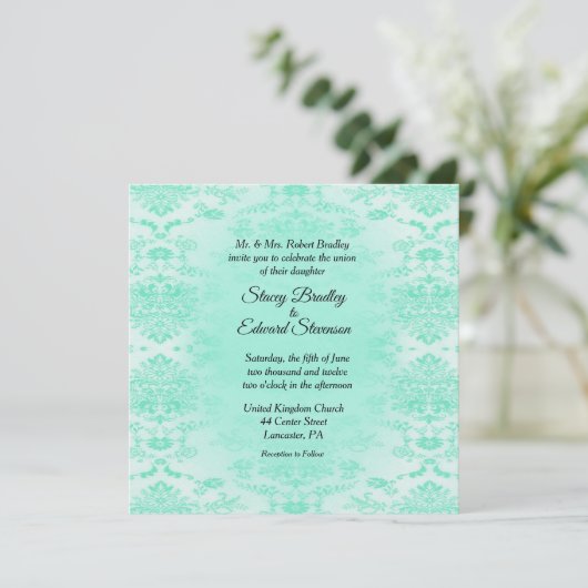 Mint Green Damask Wedding Invitation Kaart (Staand voorkant)