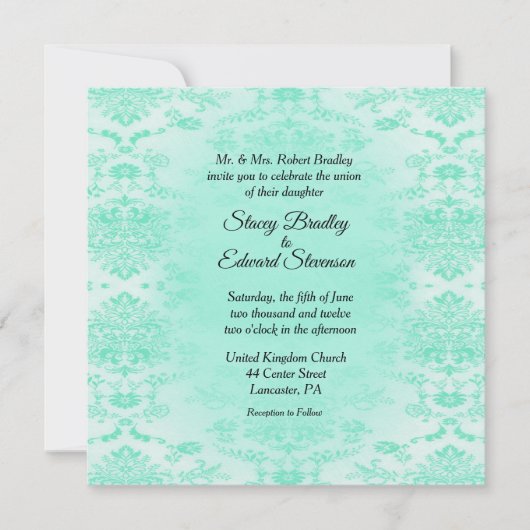 Mint Green Damask Wedding Invitation Kaart (Voorkant)