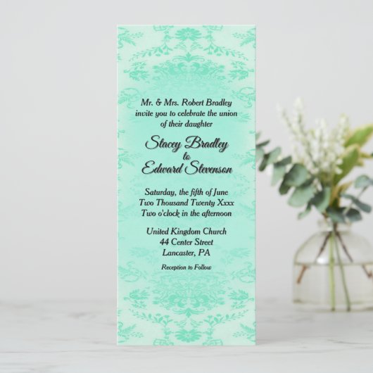 Mint Green Damask Wedding Invitation Kaart (Staand voorkant)