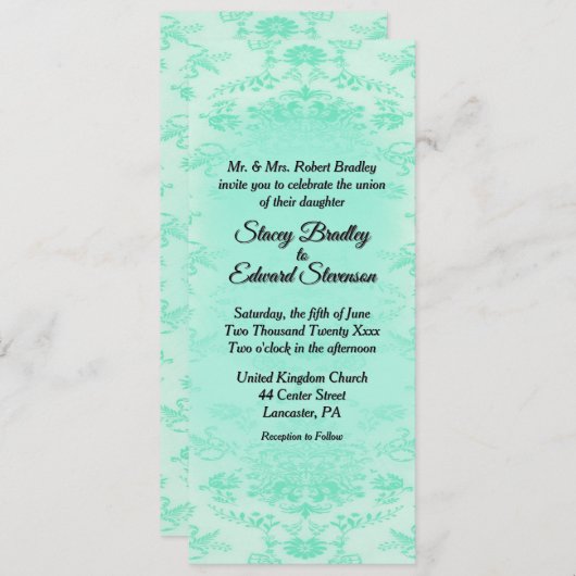 Mint Green Damask Wedding Invitation Kaart (Voorkant / Achterkant)