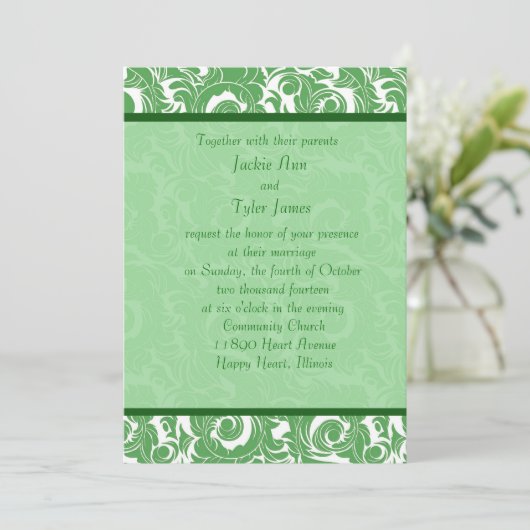 Mint Green Damask Wedding Invitation Kaart (Staand voorkant)