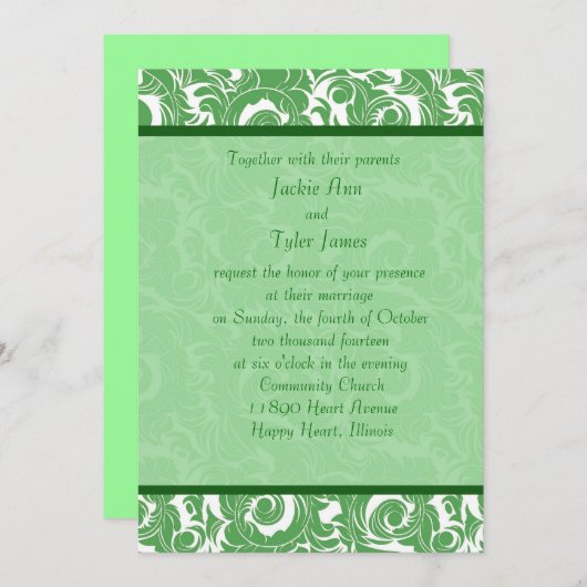 Mint Green Damask Wedding Invitation Kaart (Voorkant / Achterkant)