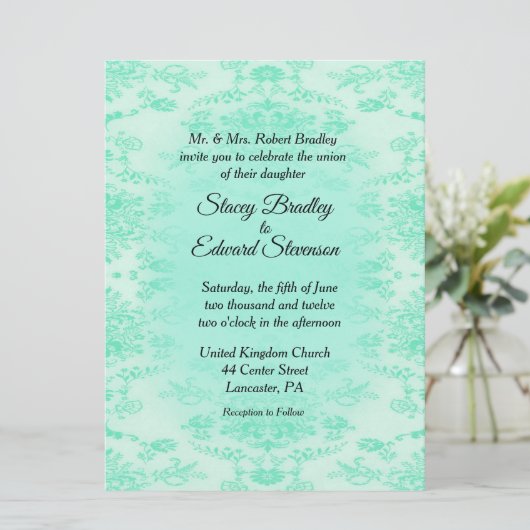 Mint Green Damask Wedding Invitation Kaart (Staand voorkant)