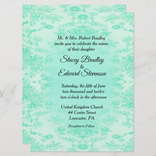 Mint Green Damask Wedding Invitation Kaart (Voorkant / Achterkant)