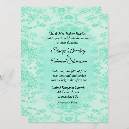 Mint Green Damask Wedding Invitation Kaart (Voorkant / Achterkant)