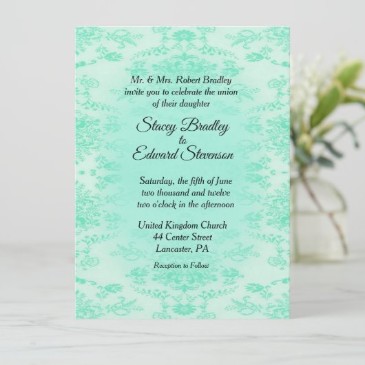 Mint Green Damask Wedding Invitation Kaart (Staand voorkant)
