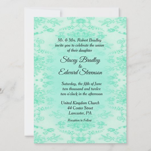 Mint Green Damask Wedding Invitation Kaart (Voorkant)