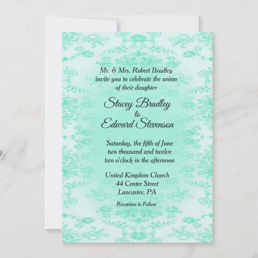 Mint Green Damask Wedding Invitation Kaart (Voorkant)