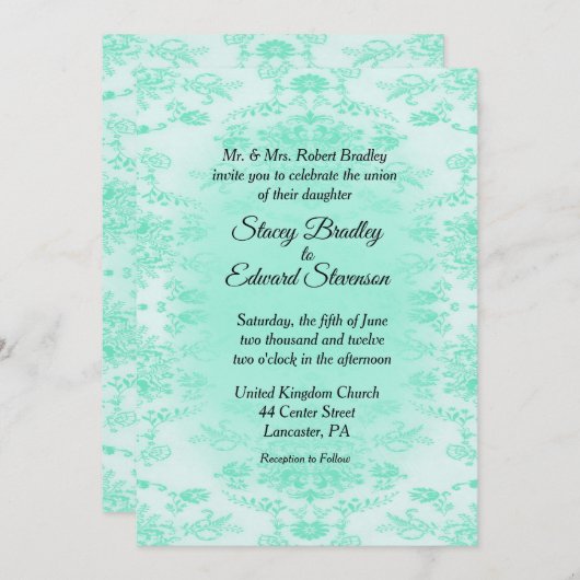 Mint Green Damask Wedding Invitation Kaart (Voorkant / Achterkant)