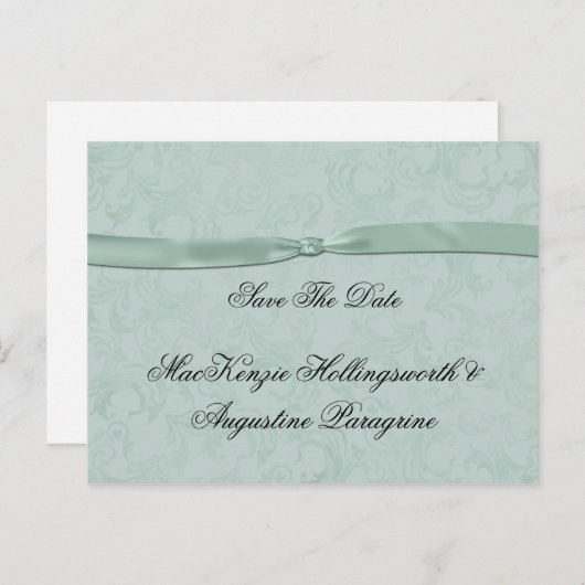 Mint Green Damask with Mint Ribbon De datum opslaa Aankondigingskaart (Voorkant / Achterkant)