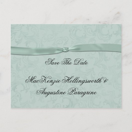 Mint Green Damask with Mint Ribbon De datum opslaa Aankondigingskaart (Voorkant)