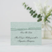 Mint Green Damask with Mint Ribbon De datum opslaa Aankondigingskaart (Staand voorkant)