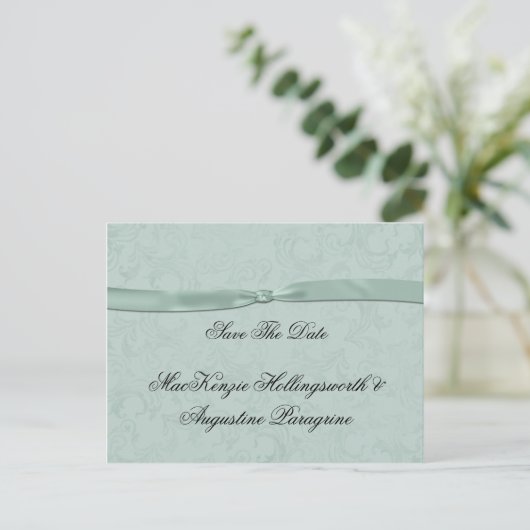 Mint Green Damask with Mint Ribbon De datum opslaa Aankondigingskaart (Staand voorkant)