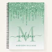 Mint Green Drips Glitter Sparkle Monogram Script Notitieboek (Voorkant)